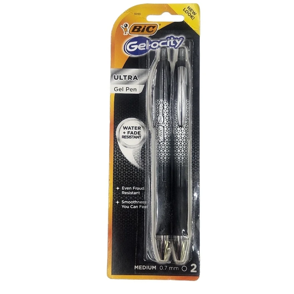 2x Bic Gel-ocity Retractable Gel Pen Medium 0.7 mm Ultra Water Resistant 2‎ Pack